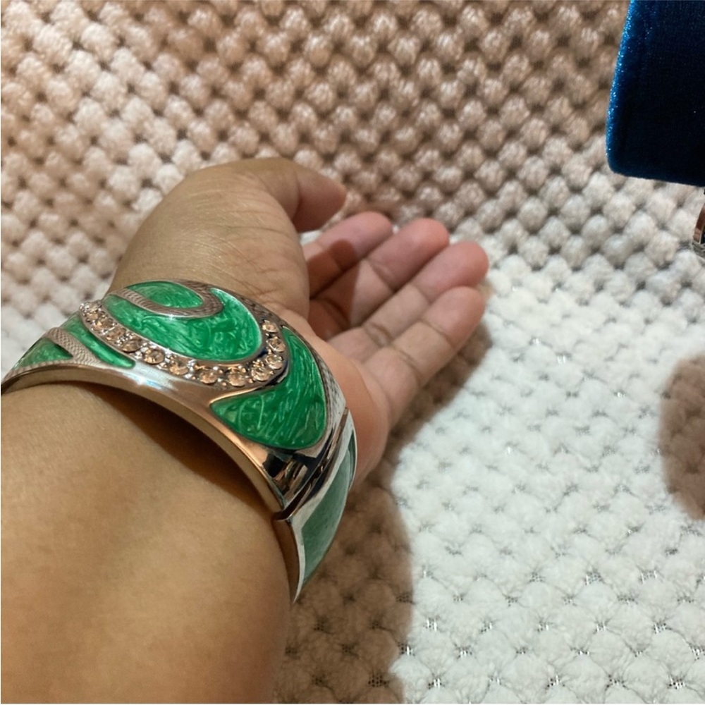 Silvertone Green Enameled Bangle Bracelet with White Austrian Crystals - Picture 4 of 12